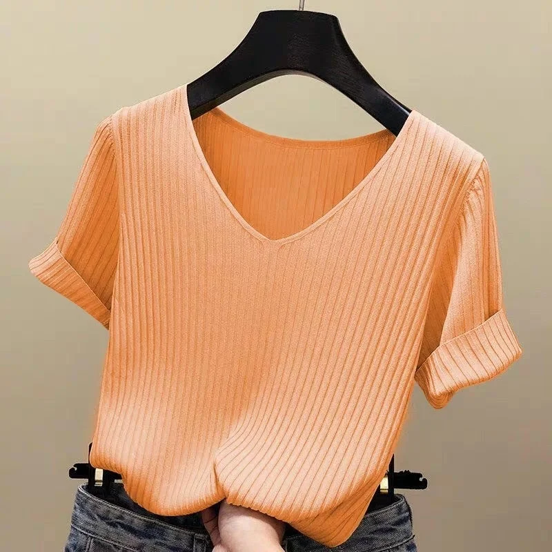 Knitted Short Sleeve Blouse Women Tops 2021 Solid Korea Summer Shirt Thin V-neck Knit Female Tee Shirt Dames Gebreid Shirt 13783