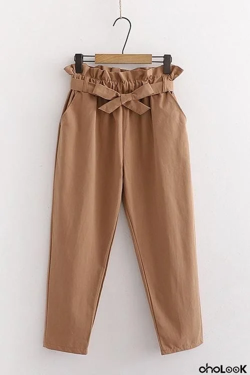 Pockets Belted Straight-leg Pants