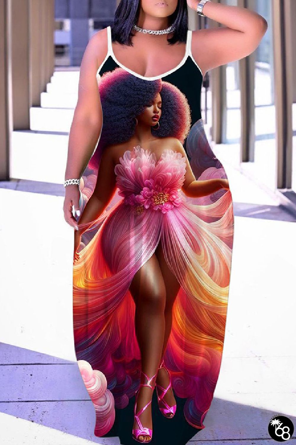Sexy Print Backless Spaghetti Strap Long Dress Dresses | 168DEAL