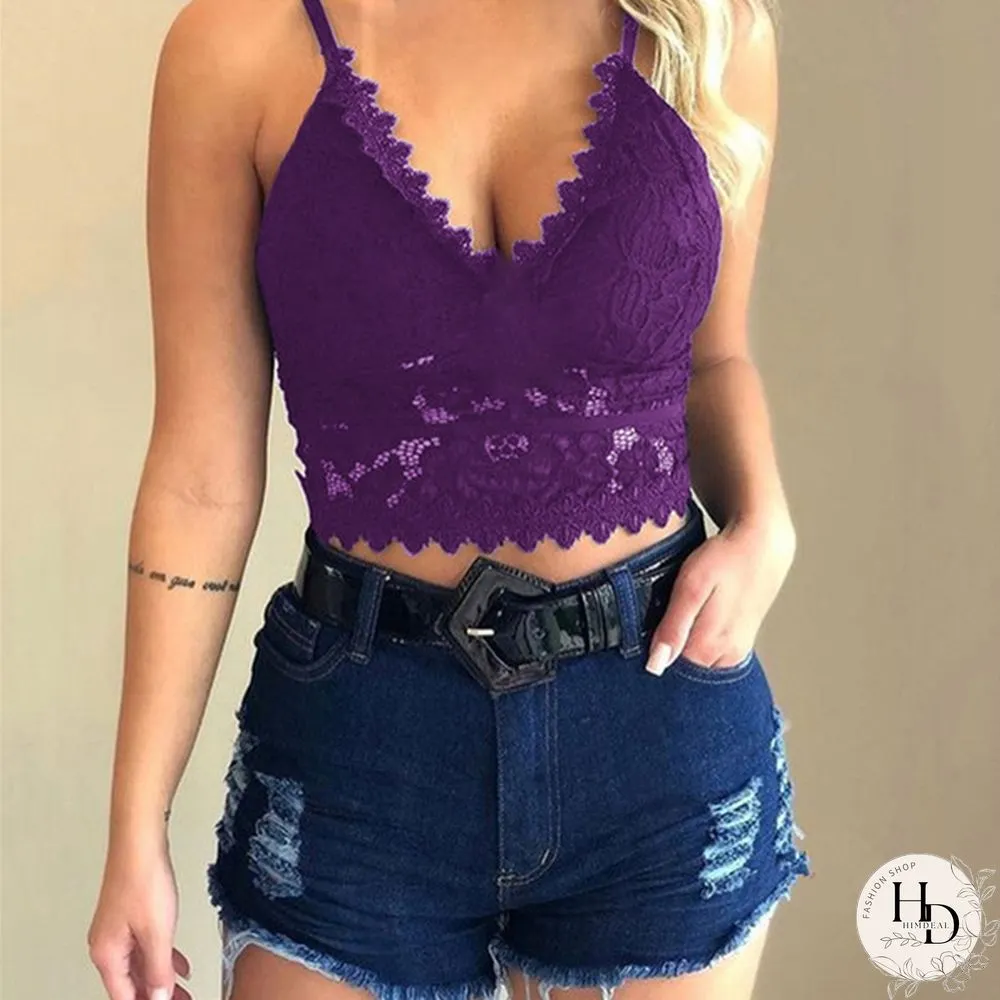 Womens Fashion Lace Floral Bralette Blouses V-Neck Tank Tops Crop Top Spaghetti Strap