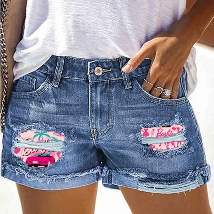 Printed Cuffed Ripped Denim Shorts