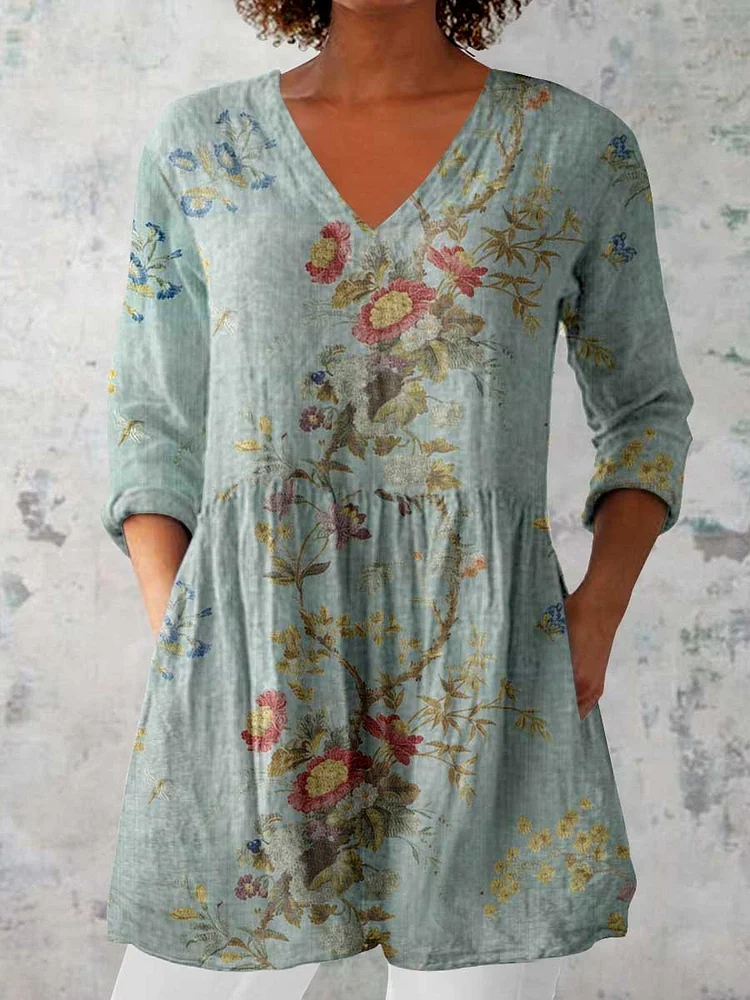 Women's Classic Round Neck Floral Pattern Cotton and Linen Top