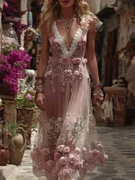 Women's Vintage Rose Embroidered Linen Maxi Dress