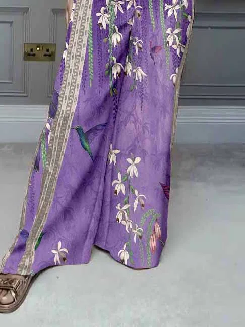 Women Floral, Purple, Pink DZDL1136 V-neck Short Sleeve Blouse and Pants Set