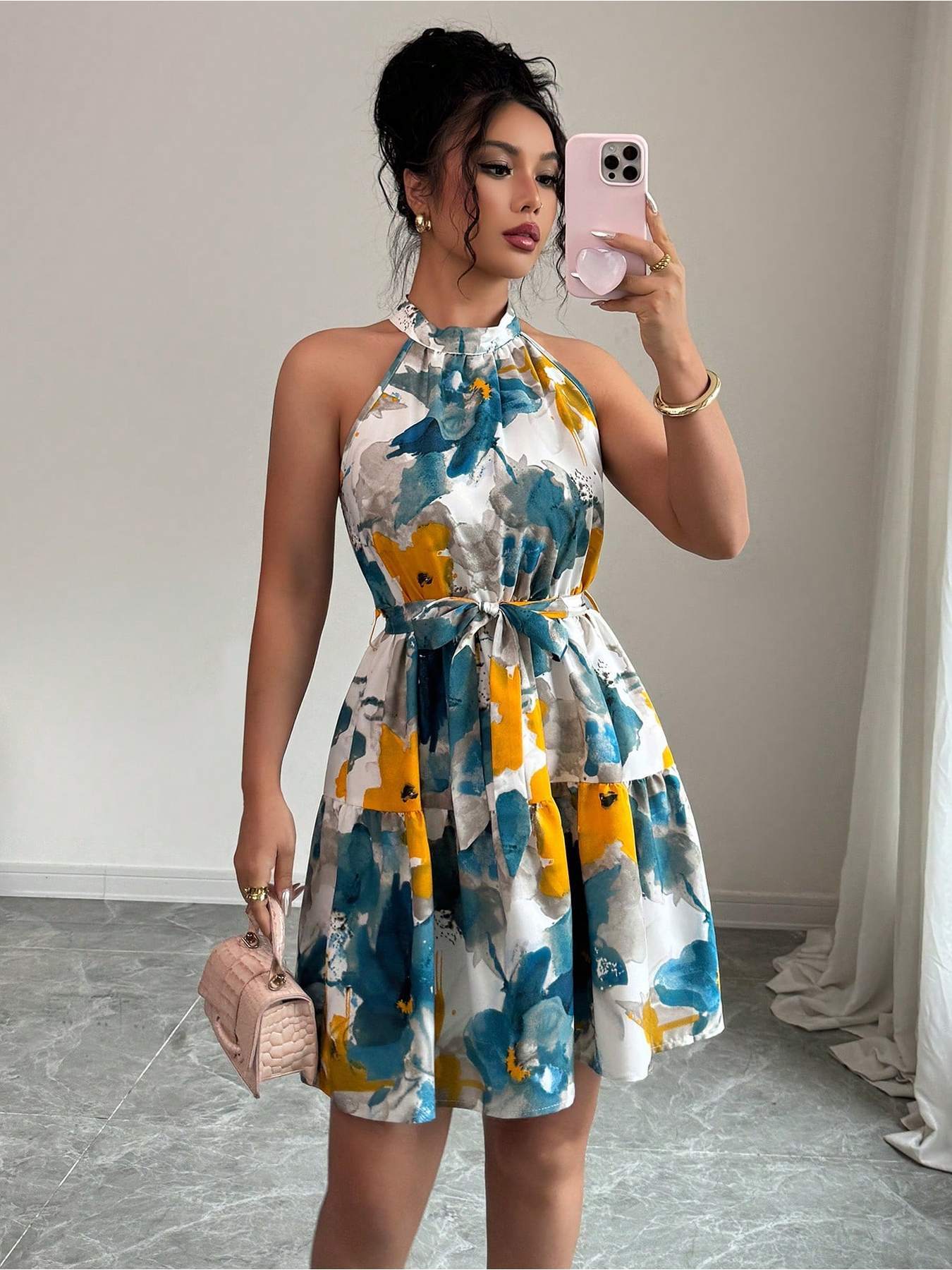 Women's Floral Print A-Line Dress - High Neck Sleeveless Belted Waist Short Dress With Flared Hem, Machine Washable Spring Summer Fall Casual To Semi-Formal Elegant Dress, Floral Print Dress, Seasonal Fashion, No Stretch Fabric | IFYHOME