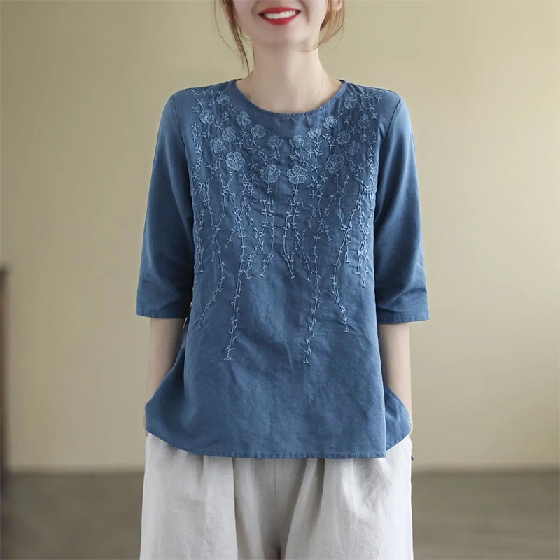 Heavily Embroidered Floral Loose-fit Crewneck Top elevenforest