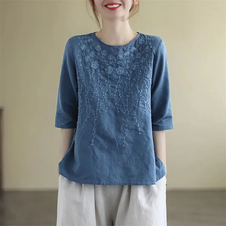 Heavily Embroidered Floral Loose-fit Crewneck Top