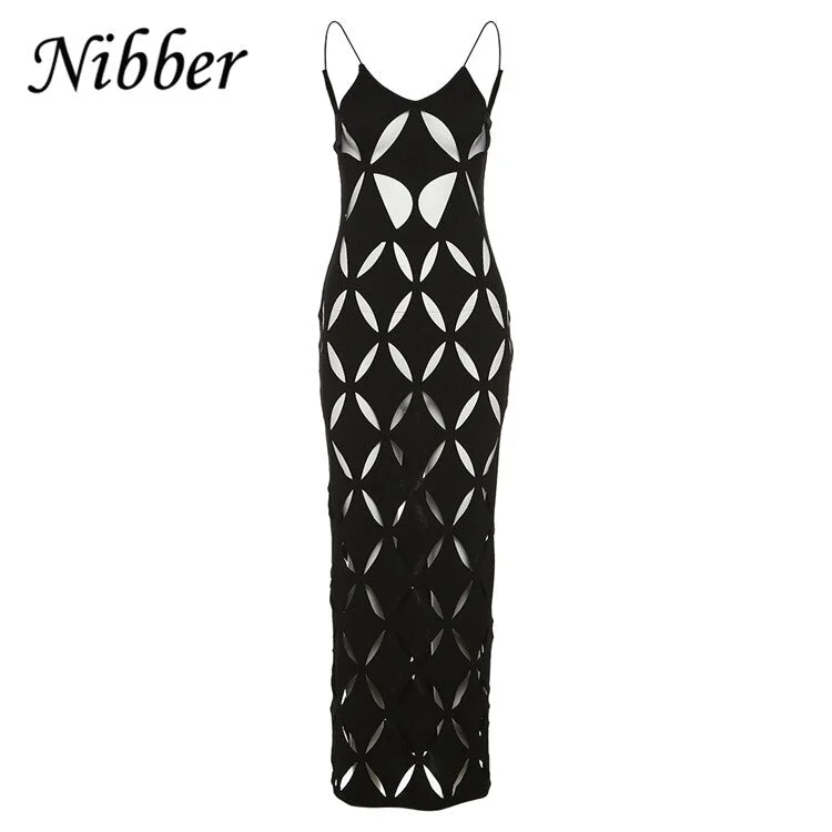 Nibber Summer Women's Sexy Cutouts Dresses Polygon Mesh Sleeveless Backless Maxi Dresses Female Glamorous Midnight Prom Dresses