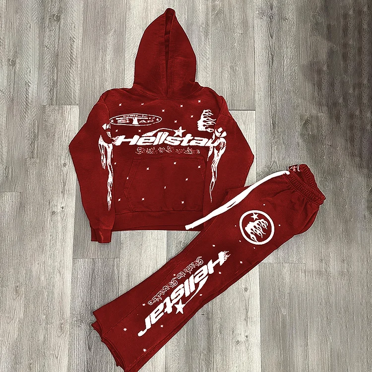 Fashion Street Hellstar Graphic Hip Hop Wine Red Hoodie & Flared Trousers Two Piece Set