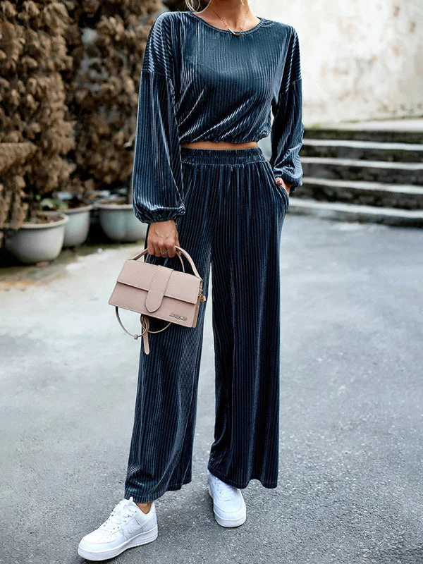 Women's 2Piece Set Boho Striped Velvet Long Sleeve Crop Top and Wide Leg Pants Set