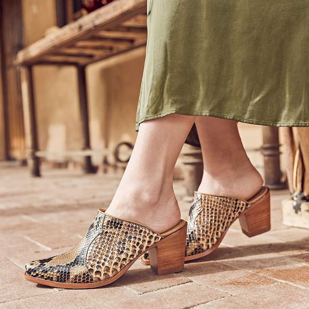 Brown Vegan Leather Snip Toe Python Printed Heeled Mules Nicepairs