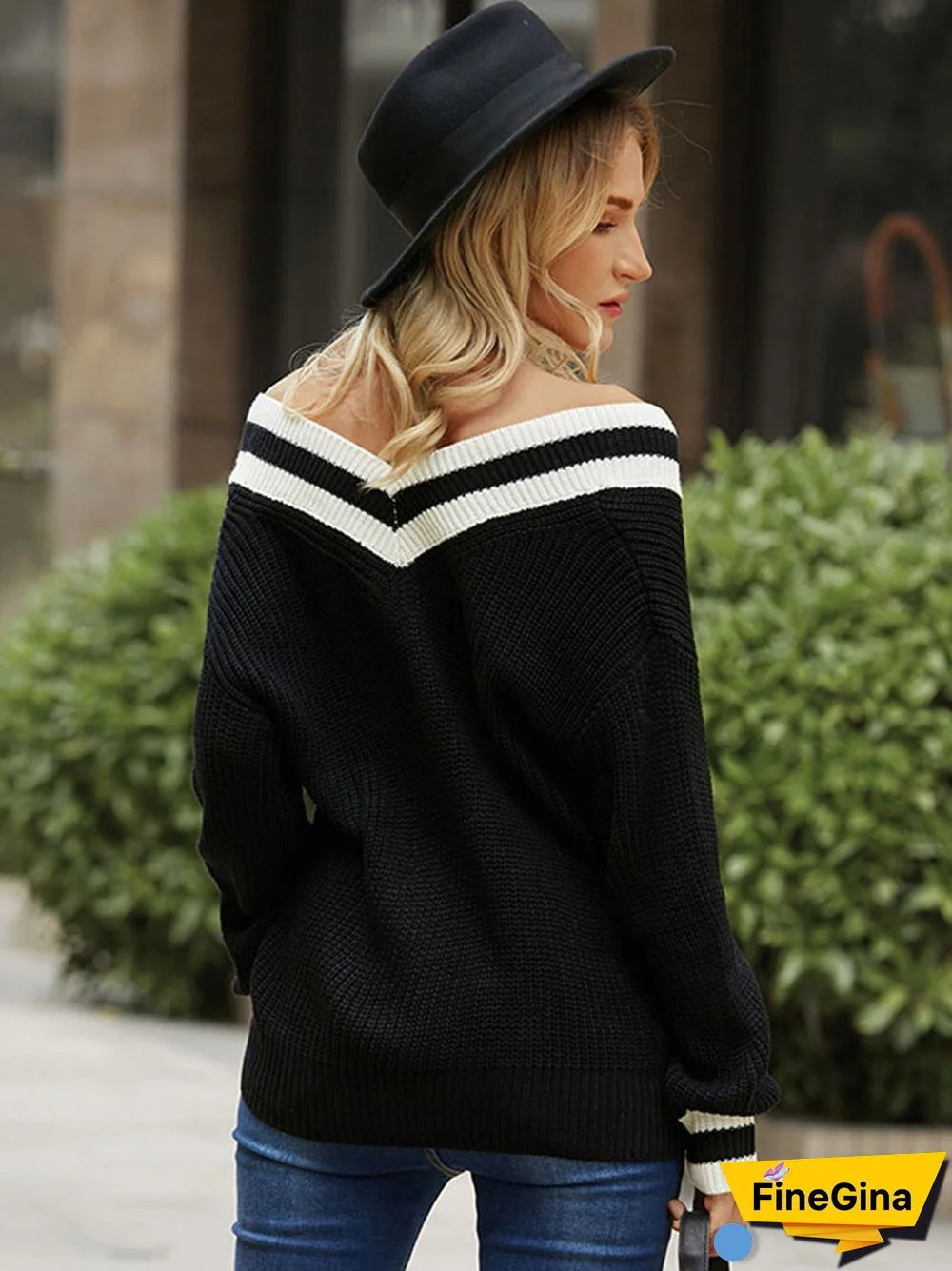 Contrast Color Long Sleeve V-neck Casual Women Sweater