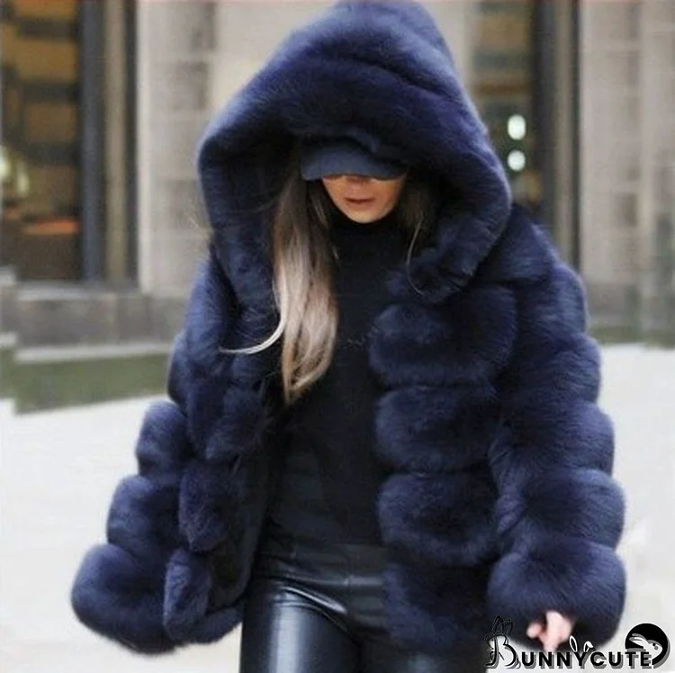 Women Faux Fox Fur With Hood Long Sleeve Jacket