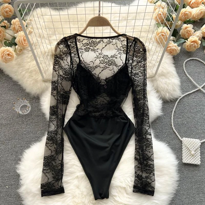 Toloer 2023 Transparent Sexy Bodysuits Women Long Sleeves Chic Jumpsuit Square Neck Ladies Thin Club Slim Lace Playsuits