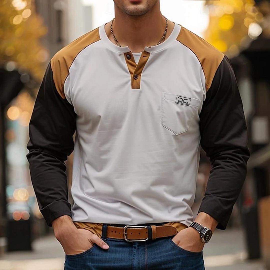 Men's Vintage Leather Label Design Patchwork Long Sleeve Casual Holiday Henley Collar Tee