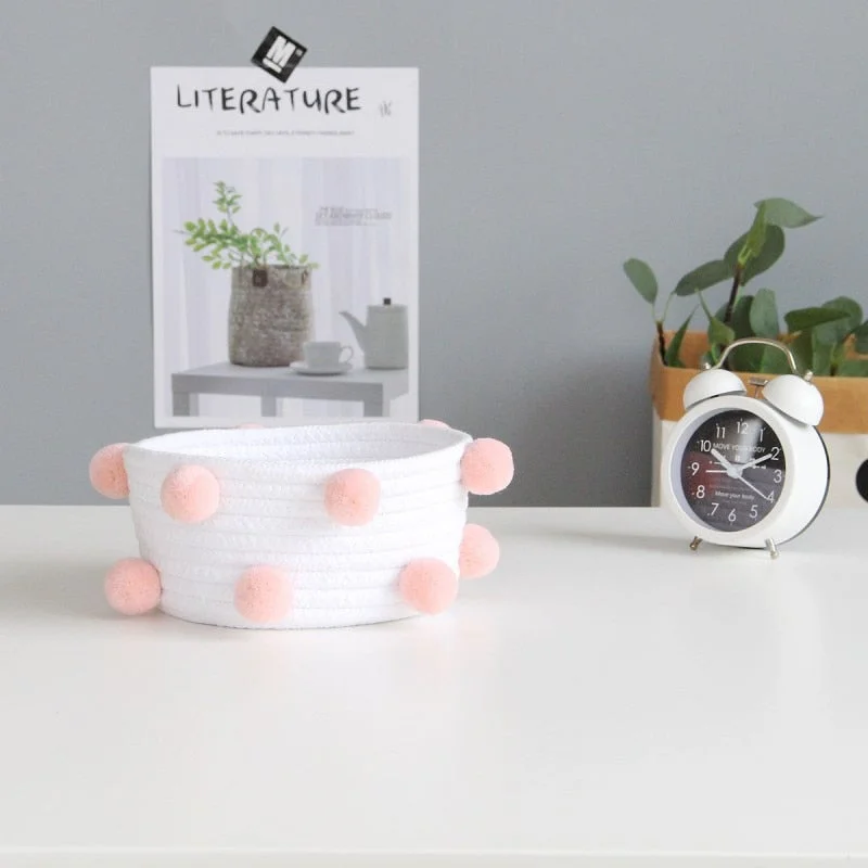INS Pompom Cotton Rope Storage Baskets Handmade Woven Dirty Clothes Laundry Basket Kids Toys Desktop Sundries Organizer Hamper