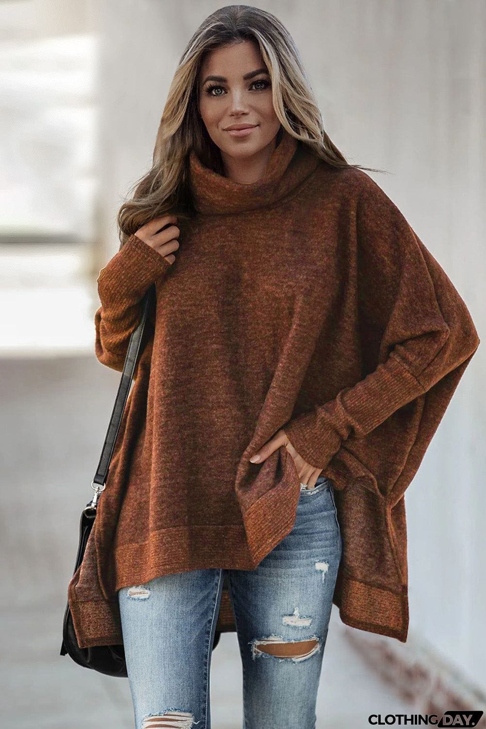 Turtleneck Bat Sleeve Side Slit Tunic Top