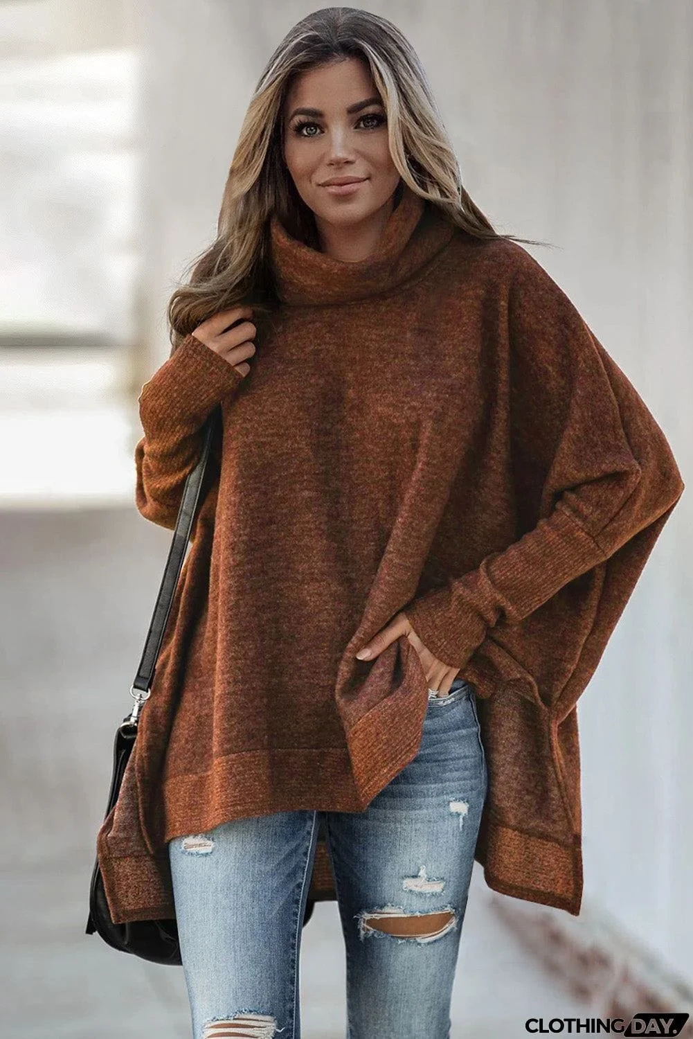 Turtleneck Bat Sleeve Side Slit Tunic Top