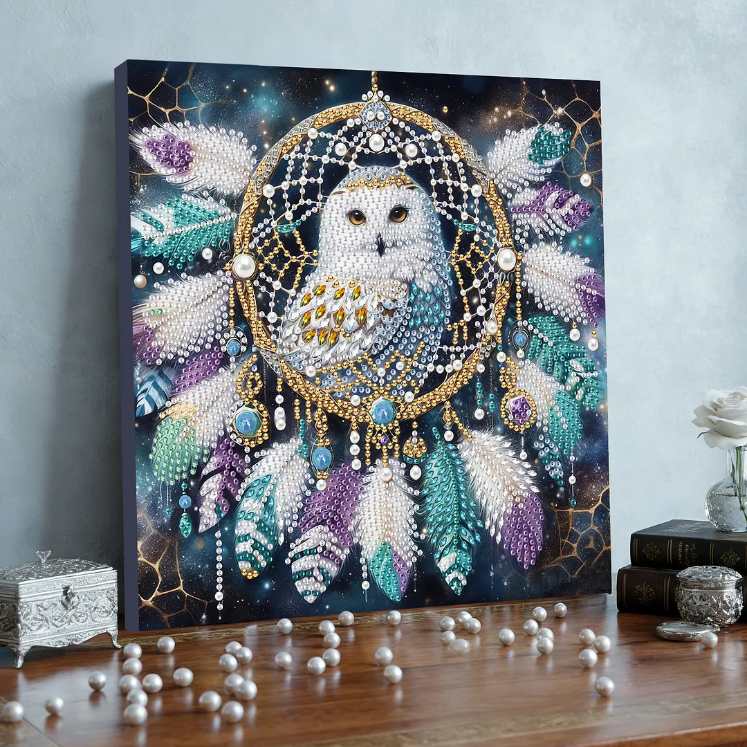 Owl Dreamcatcher DIY Art Craft Pearl Diamond Painting with Frame 9.84x9.84in Diamond Art Pearl Painting Kit for Adults Beginners Gift Idea Home Wall Decor