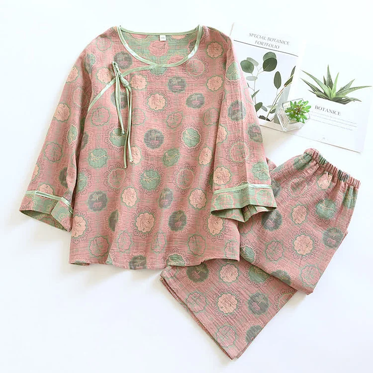 Cotton Gauze Frog Button Pajama Set Radinnoo.com