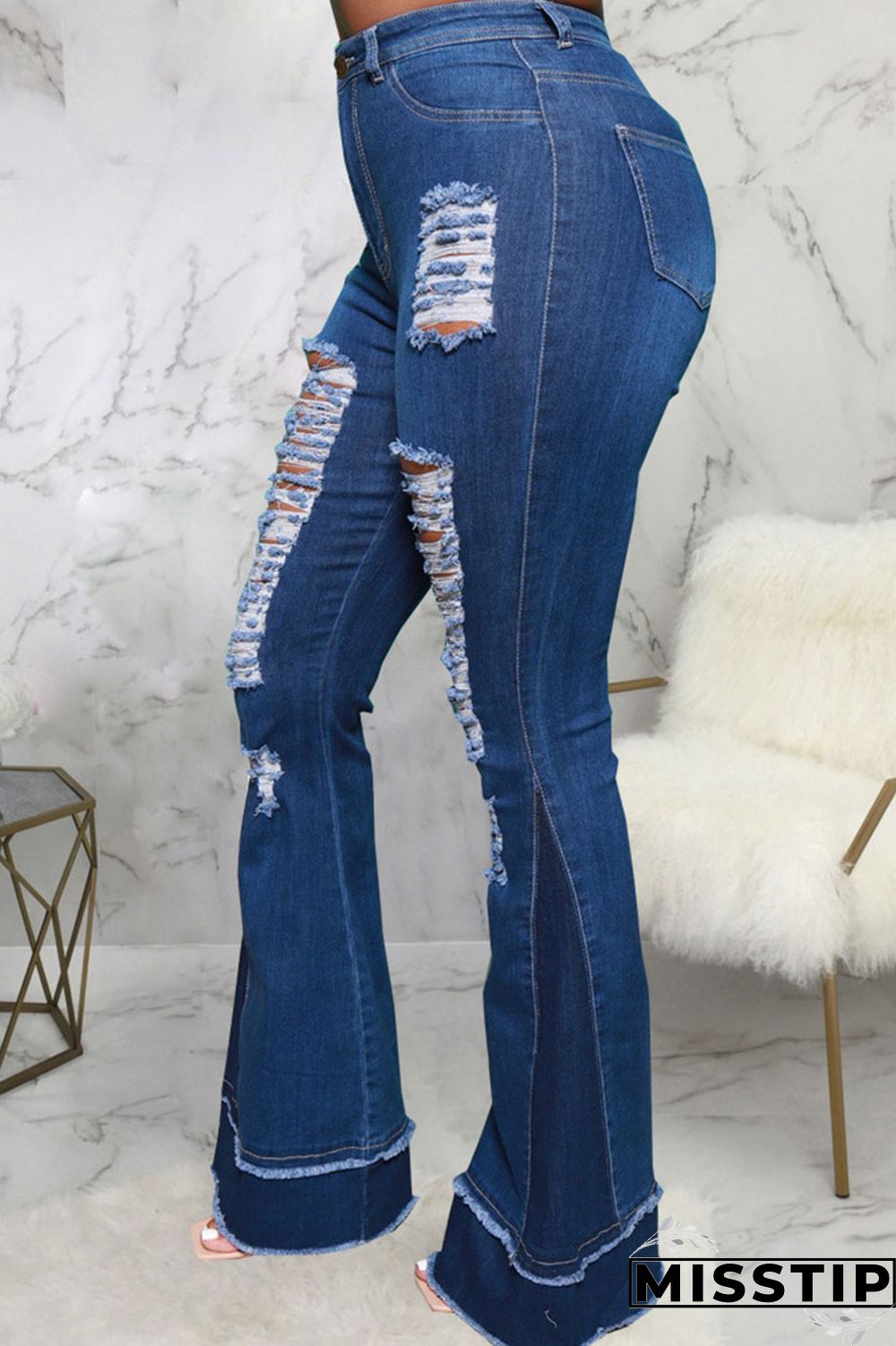 Blue Street Ripped Patchwork High Waist Denim Jeans