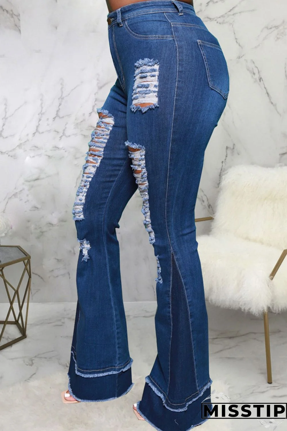 Blue Street Ripped Patchwork High Waist Denim Jeans