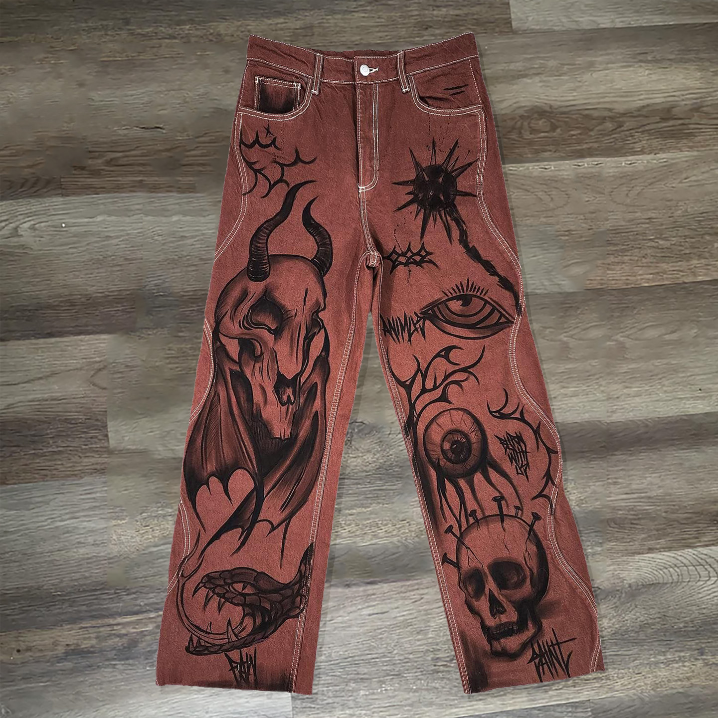 Vintage Skull Multi-Element Mix Print Jeans