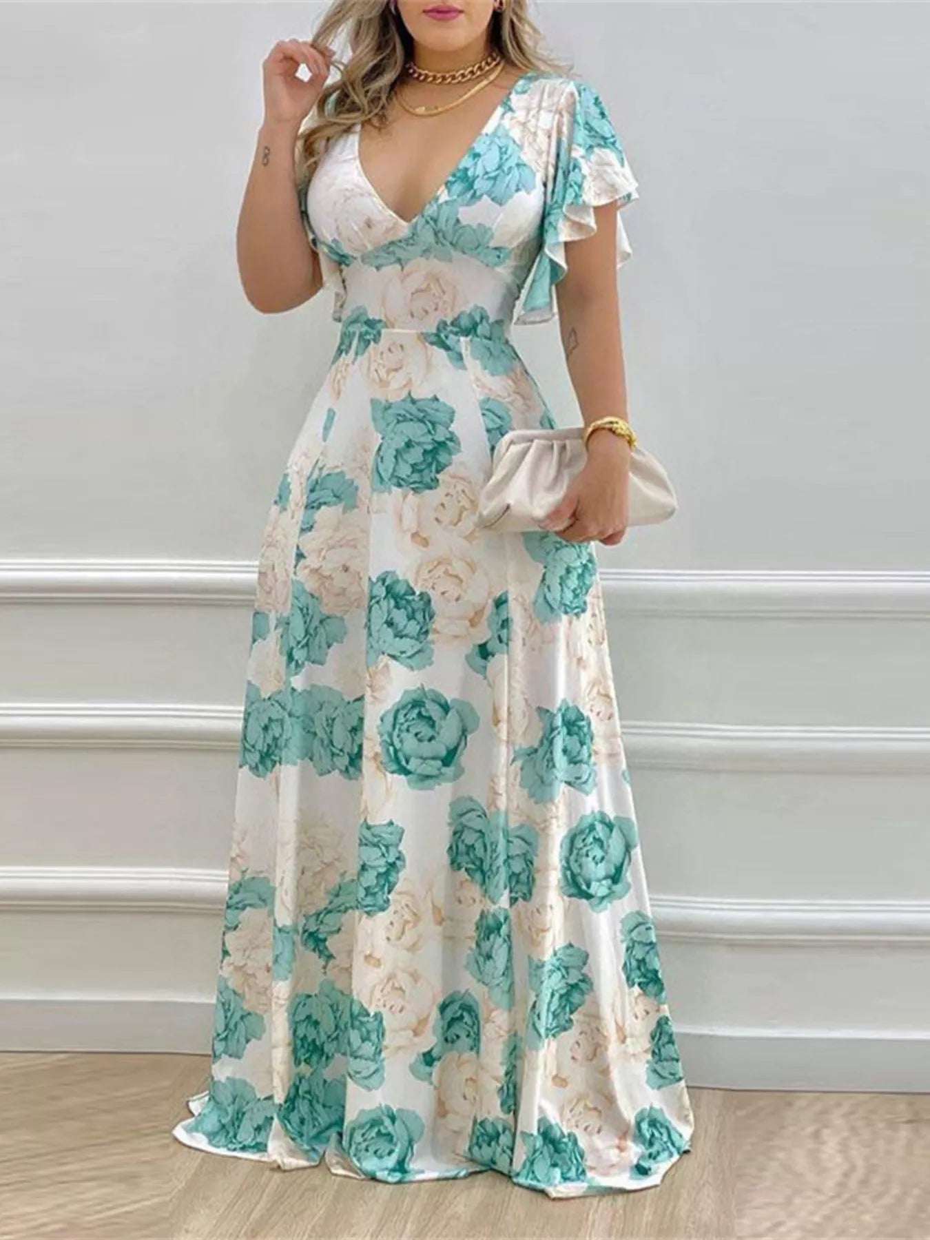 Floral Print V-Neck Ruffle Sleeve Maxi Dress mysite idetrend