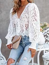 Plain Deep V-Neck Puff Sleeves Lace Crochetgo Casual T-Shirt Top