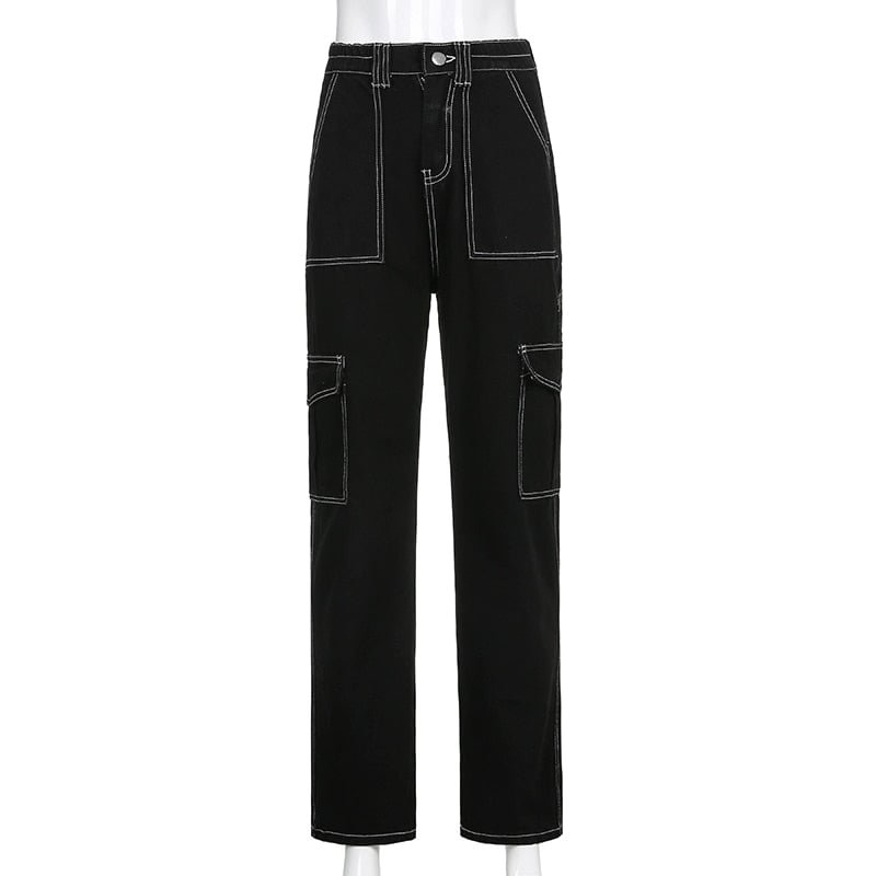 HEYounGIRL White Thread Black Cotton Jeans Women Casual Loose Straight Long Trousers Ladies Harajuku Punk Fashion Pants Capris