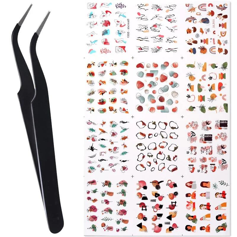 Harunouta Water Decals Stickers Summer Simple Green Leaves Butterfly Geometric Lines Flowers Nail Art Decorations Manicures