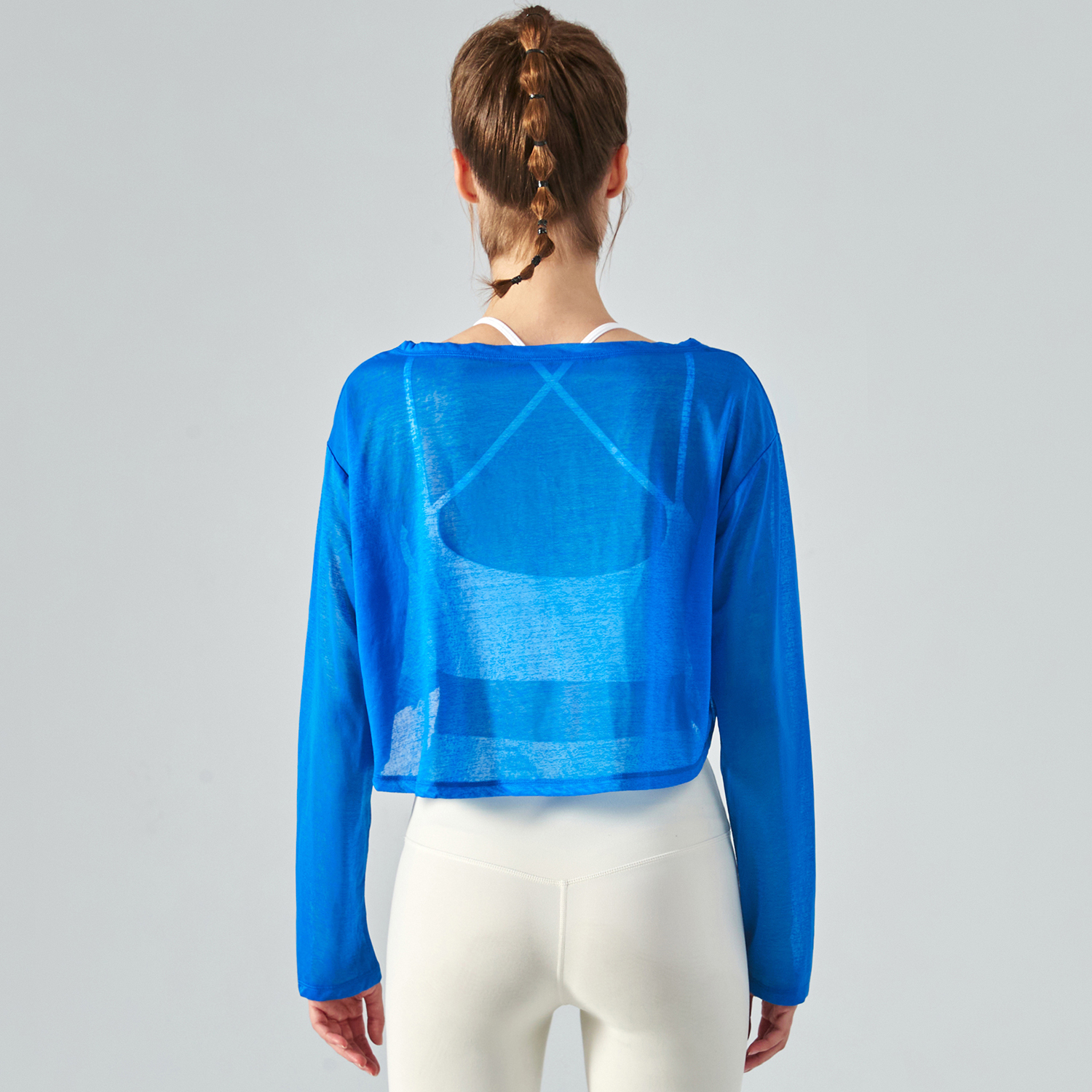 Buy Hergymclothing Klein Blue women's polyester long sleeve breathable thin lightweight loose workout crop top for summer at an affordable price