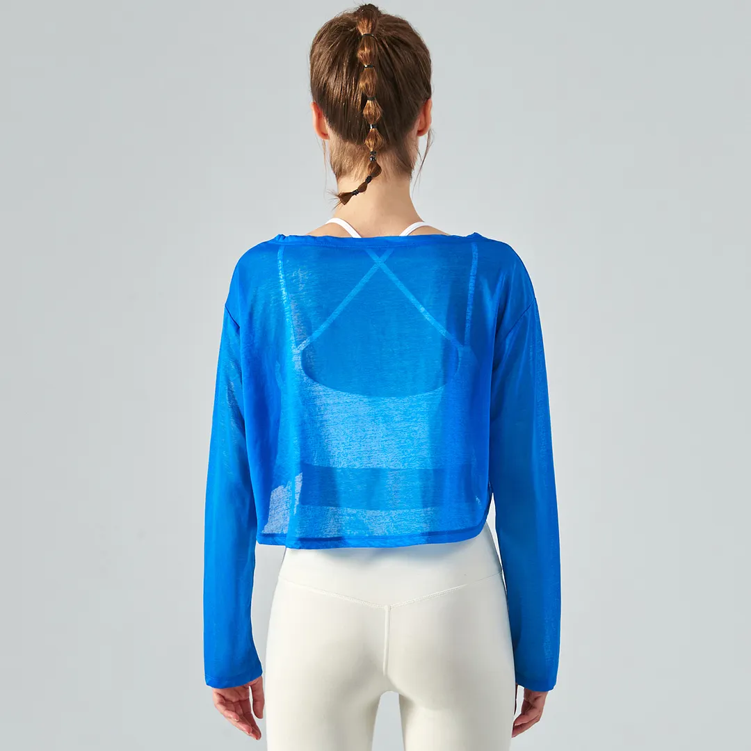 Buy Hergymclothing Klein Blue women's polyester long sleeve breathable thin lightweight loose workout crop top for summer at an affordable price