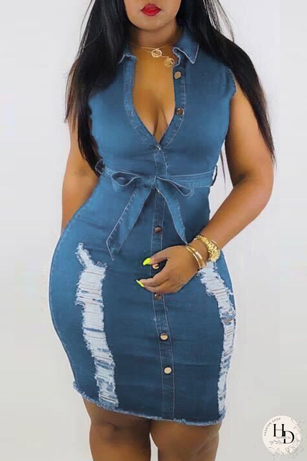 Baby Blue Sexy Sleeveless Grinding Hole Cowboy Dress