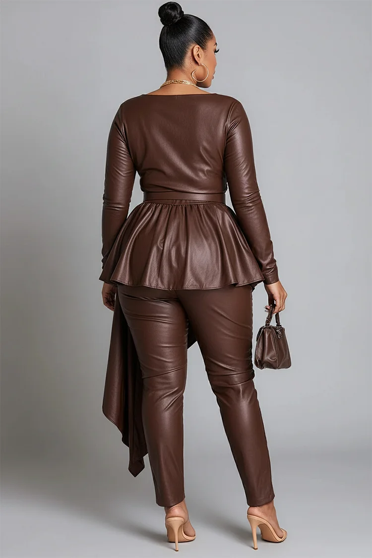 Xpluswear Design Plus Size Business Casual Brown Round Neck Long Sleeve Asymmetric Hem Casual Wrap PU Leather Two Piece Pant Sets