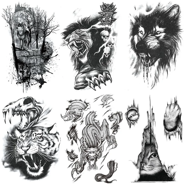 6 Sheets Wolf Dragon Cat Half Arm Temporary Tattoo Stickers
