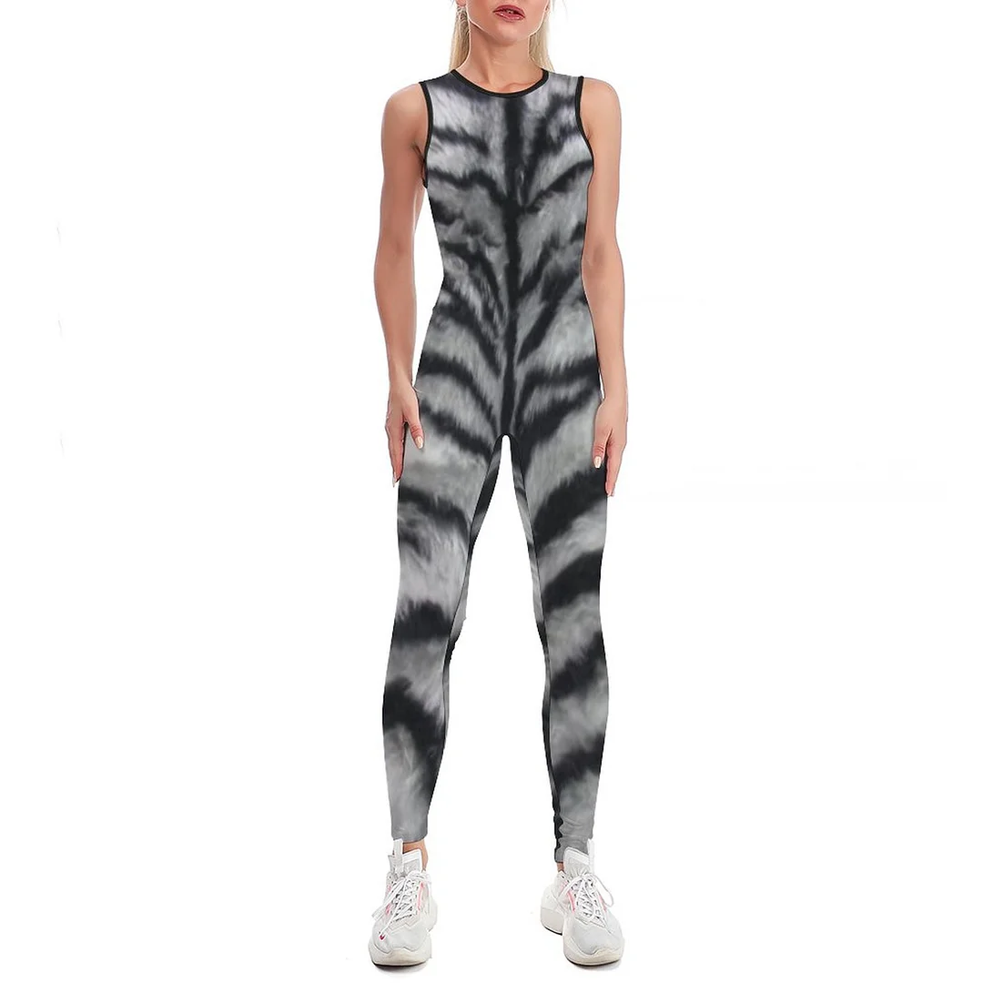 Black And White Tiger Stripe Fur Print Bodycon Tank One Piece Jumpsuits Long Pant Retro Yoga Rompers Playsuit for Women