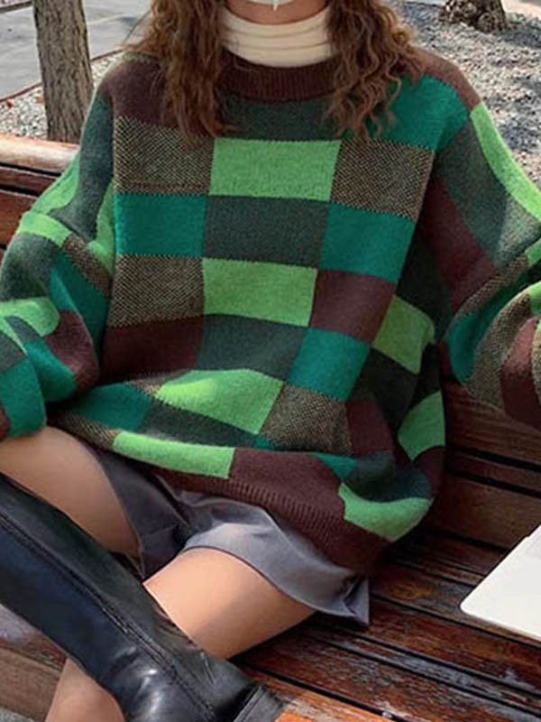 Vintage Contrast-Color Plaid Round-Neck Long Sleeves Sweater Top