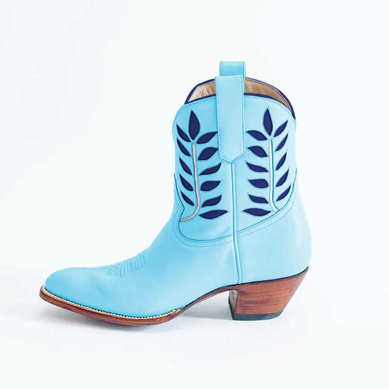 Blue Almond Toe Chunky Heel Embroidered Cowboy Booties for Women Nicepairs