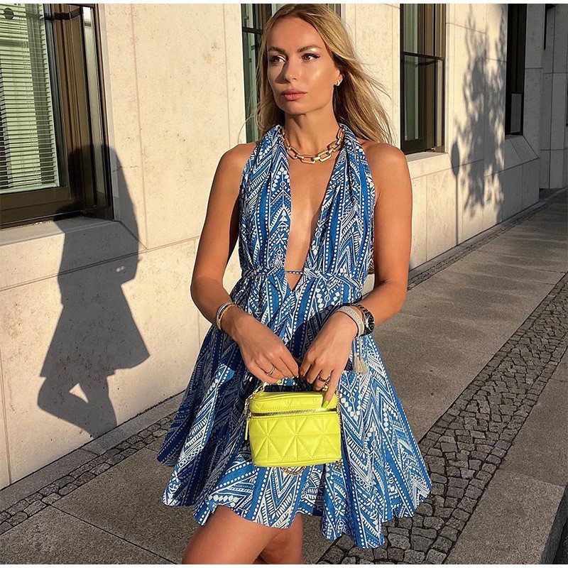 ABEBEY-hoco dresses -Holiday Slip Mini Dress Blue Sexy Halter Ruffled Mini Dress Women 2024 Elegant Female Elastic Backless Beach Dresses Woman Sleeveless Short Dress