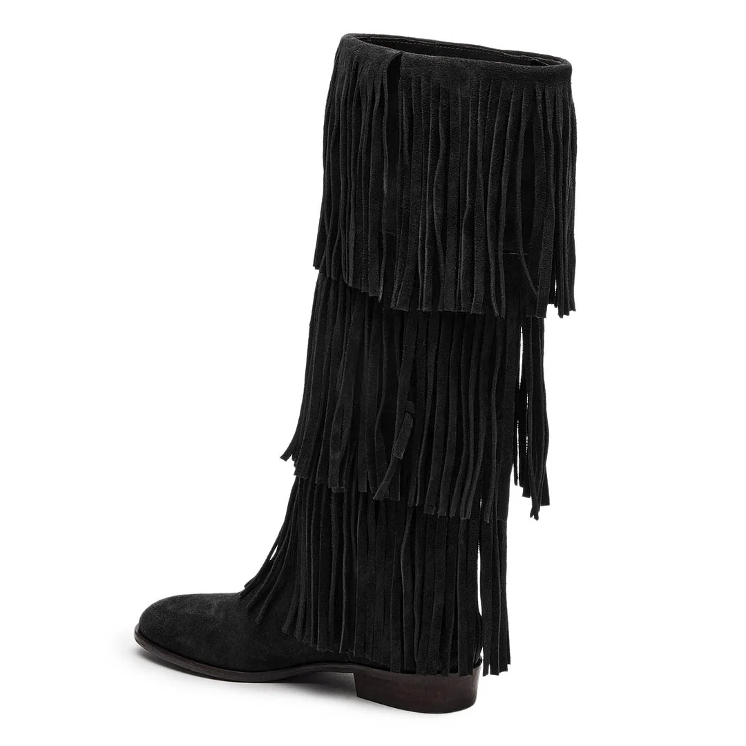 Black Fringe Vegan Suede Mid Calf Closed Toe Flat Boots for Women