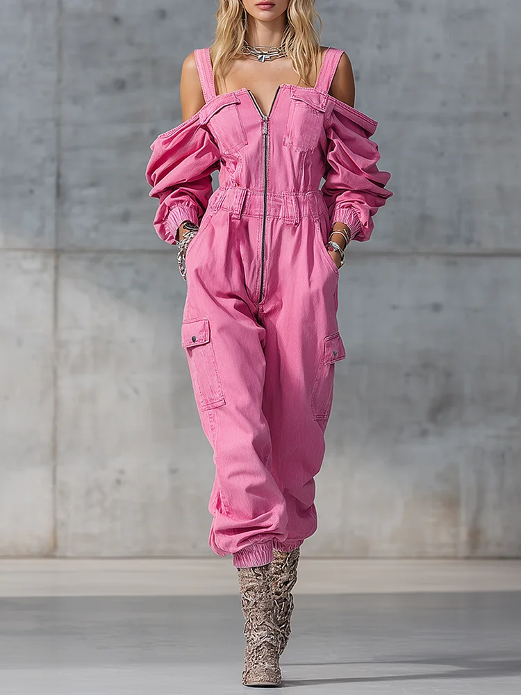 【24-hour shipping out】Stylish And Modern Long-sleeved Strappy Tapered Legs Pink Denim Jumpsuit