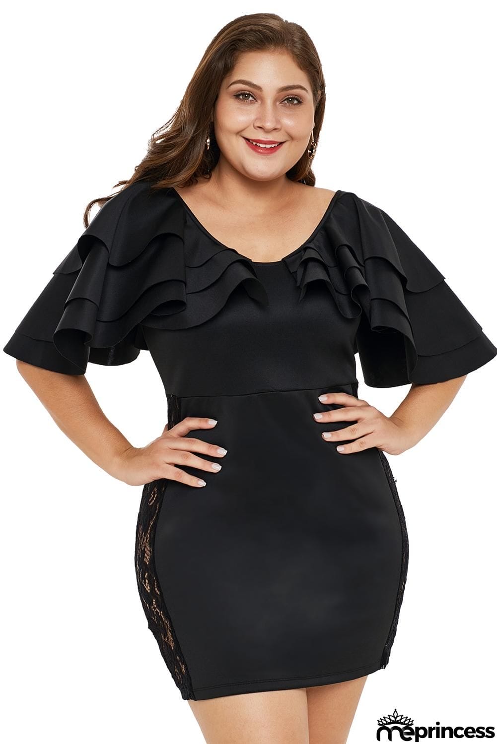 Cascading Shoulder Lace Insert Plus Size Dress