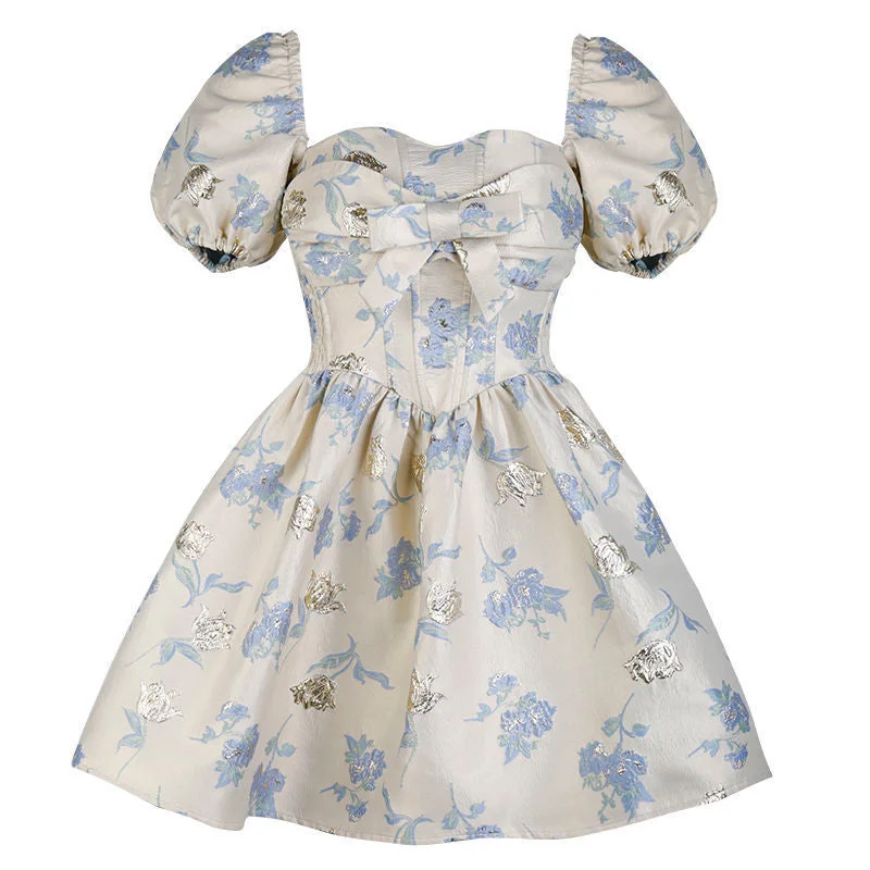 Fashion Women Blue Floral Print Holiday Princess Party Dress Elegant Ladies Puff Sleeve Square Neck Pleat Mini Dress Short Robe