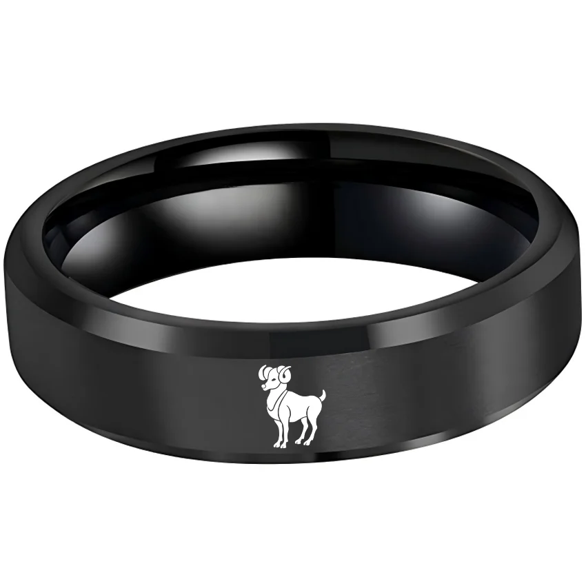 Beveled Edges Laser Etched Tungsten Carbide Rings Black Aries Couple Wedding Bands 4MM 6MM 8MM