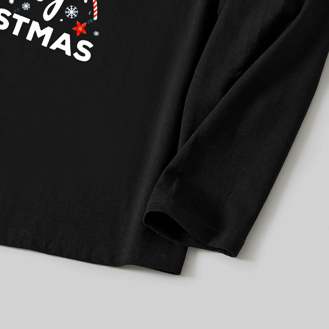"We Wish You a Merry Christmas" Printed Pattern Black Long Sleeve Top with Red & Green & White Plaid Family Matching Pajamas