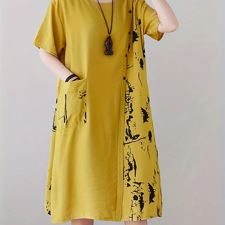 Abstract Print Button Pocket Dress - Casual Crew Neck Short Sleeve Loose Dress for Women