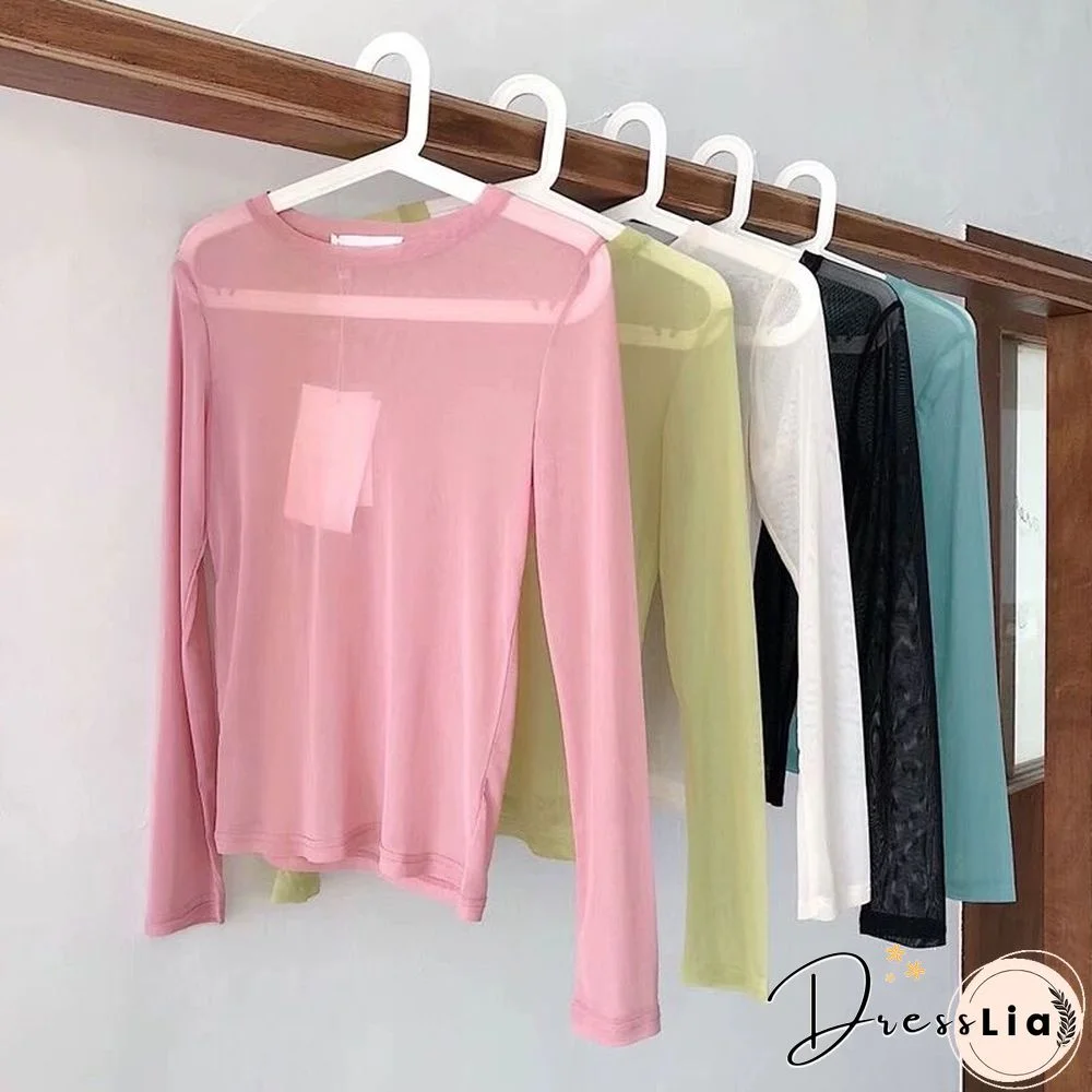 Oumea Women Beach Cover-Up Sheer Mesh Top Beach Wear Hawaiian Mesh Shirt Long Sleeve Casual Candy Color Solid Sweet Mesh Top