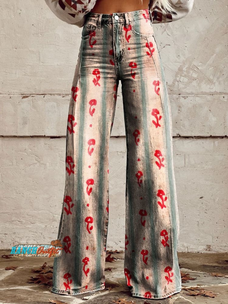 Women’s Vintage Flowers Print Casual Wide Leg Pants Multicolor / S