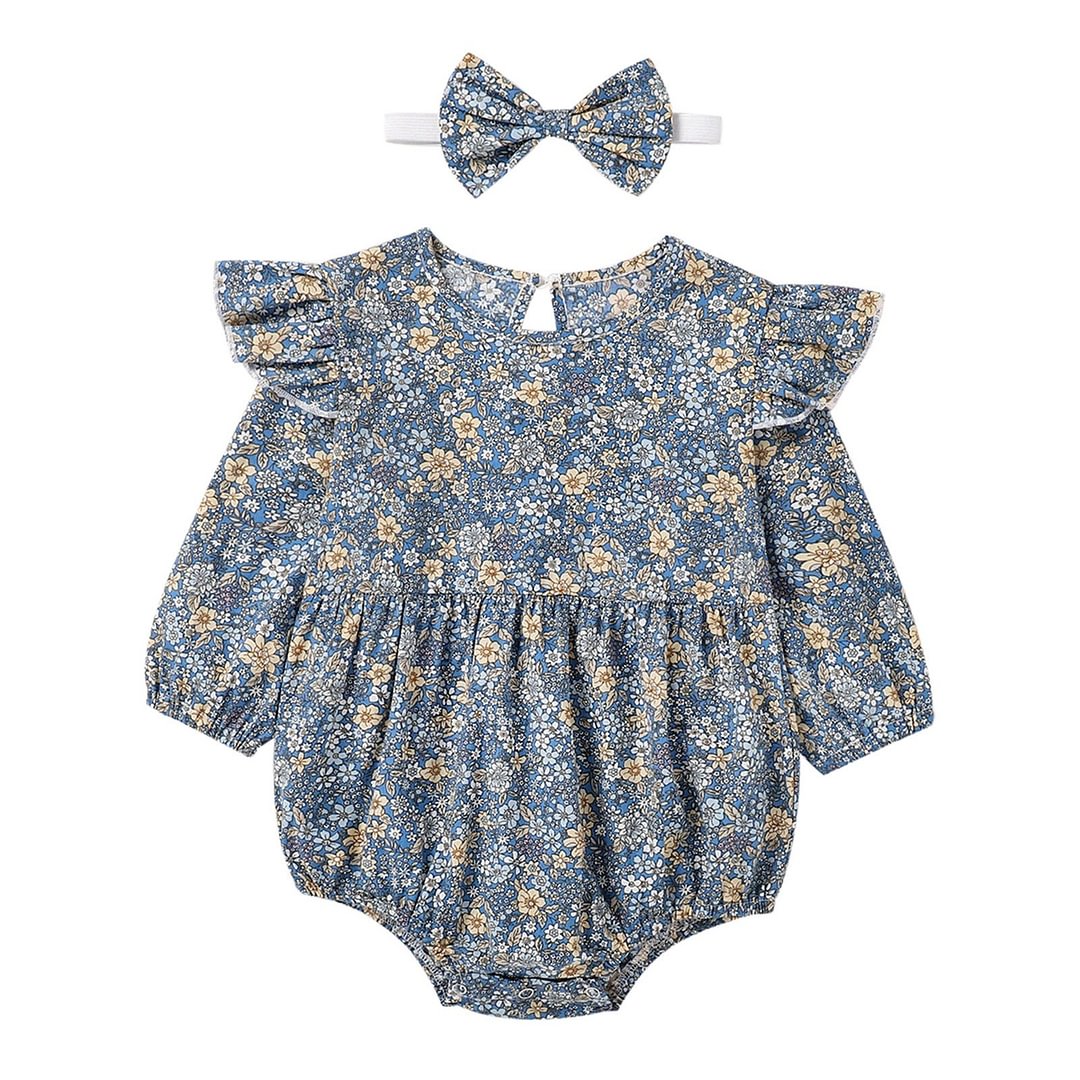 Infant Baby Girl 2Pcs Flower Printed Jumpsuit Set, Long Fly Sleeve Ruffled Hem Triangle Bodysuit with Headband Spring and Autumn